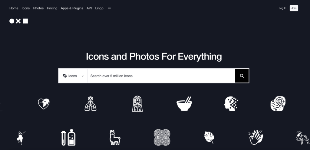 A screenshot of The Noun Project’s monochromatic, minimalist home page. 
